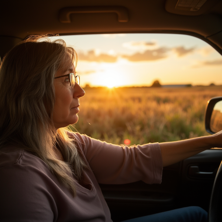 Woman driving through the South Dakota countryside at sunset, looking toward the horizon as golden light fills the landscape.