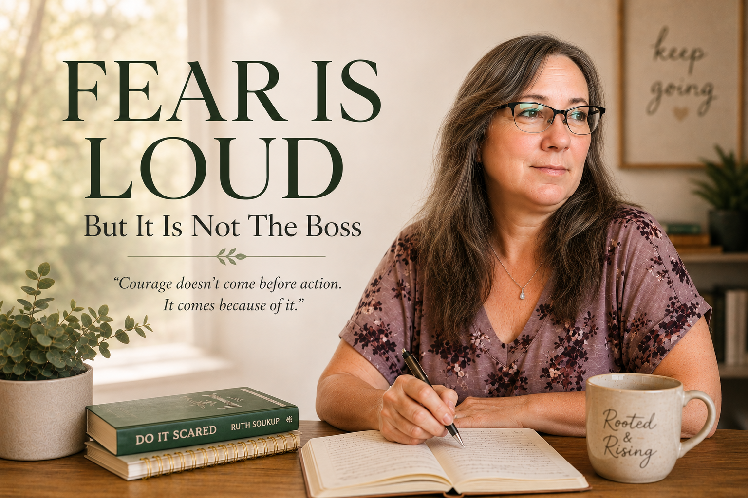Woman sitting at a desk journaling beside a copy of Do It Scared by Ruth Soukup, reflecting on overcoming fear and personal growth.