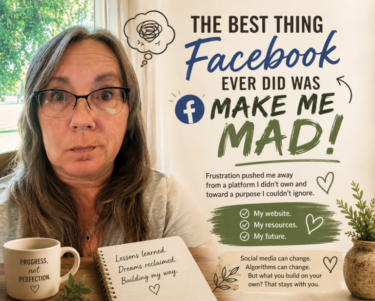 Portrait of Cleo Schoenfelder beside the title "The Best Thing Facebook Ever Did Was Make Me Mad" with notes about building a website, resources, and a future independent of social media platforms.