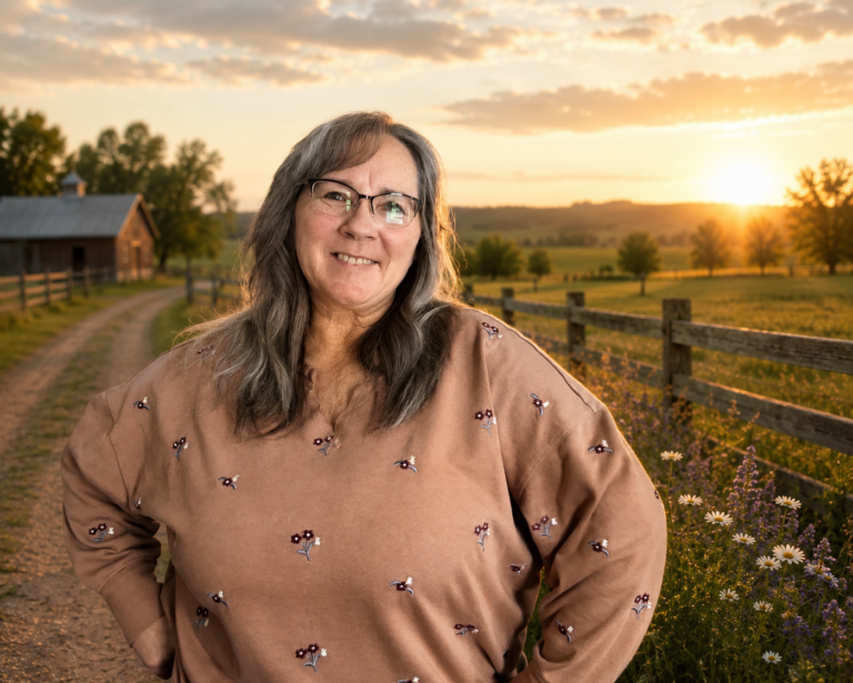 Cleo Schoenfelder standing in a countryside setting at sunset with a barn, fence, and wildflowers in the background.