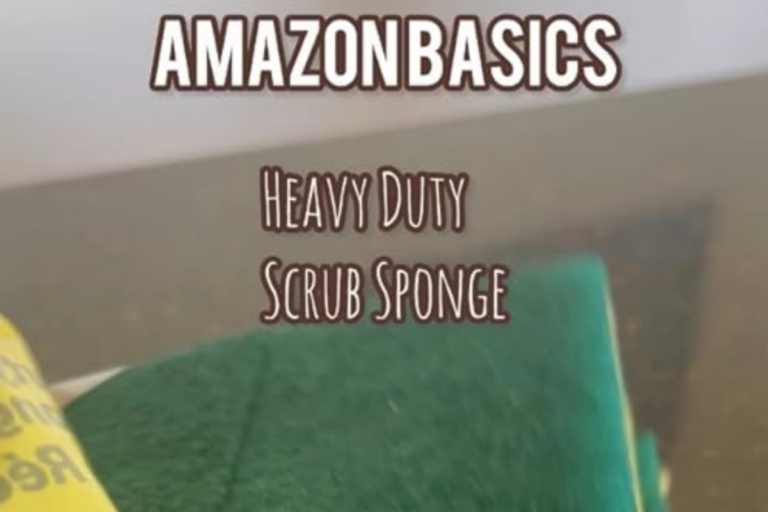 Amazon Basics Heavy Duty Scrub Sponge shown close-up for a real-life kitchen cleaning product review.
