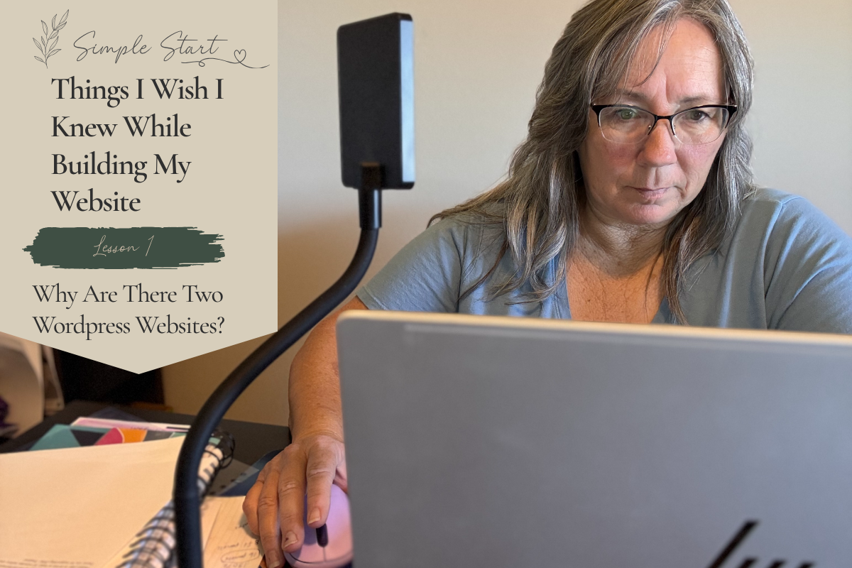Cleo Schoenfelder working at her desk while rebuilding her WordPress website for her "Things I Wish I Knew While Building My Website" series.